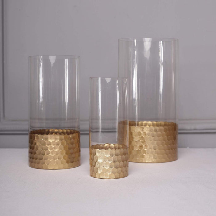 3 pcs 8" 10" 12" Glass Cylinder Honeycomb Rim Vases - Clear with Gold VASE_A26_SET02_GOLD