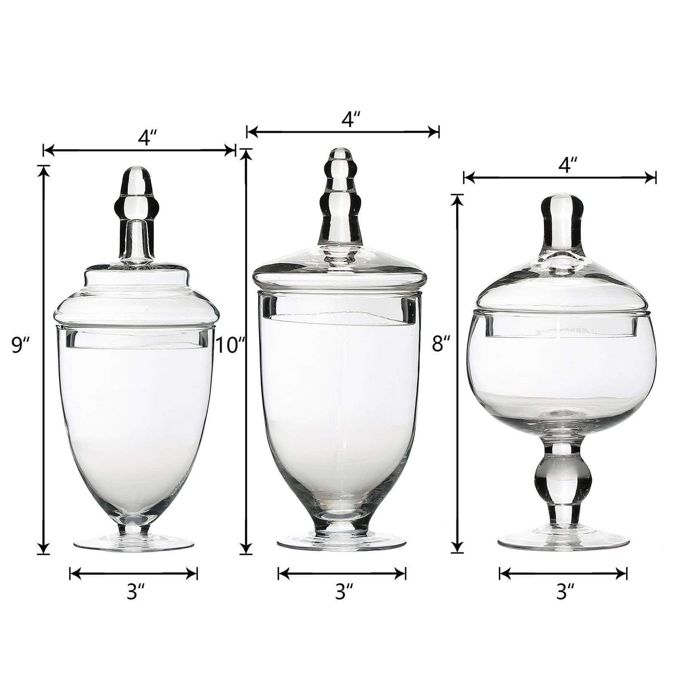 3 9" 10" 11" tall Glass Apothecary Jars Containers with Lids Clear
