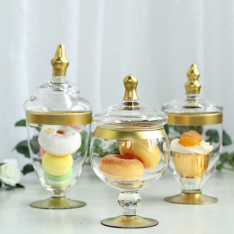 3 pcs Glass Apothecary Jars Containers with Lids - Clear with Gold Trim GLAS_JAR07_GOLD