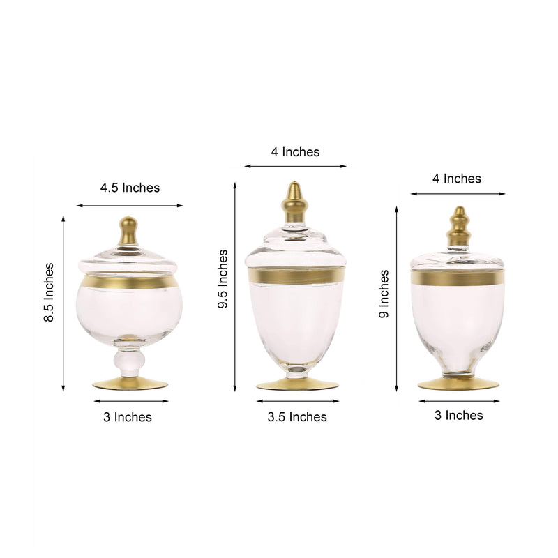 3 pcs Glass Apothecary Jars Containers with Lids - Clear with Gold Trim GLAS_JAR07_GOLD