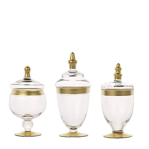 3 pcs Glass Apothecary Jars Containers with Lids - Clear with Gold Trim GLAS_JAR07_GOLD