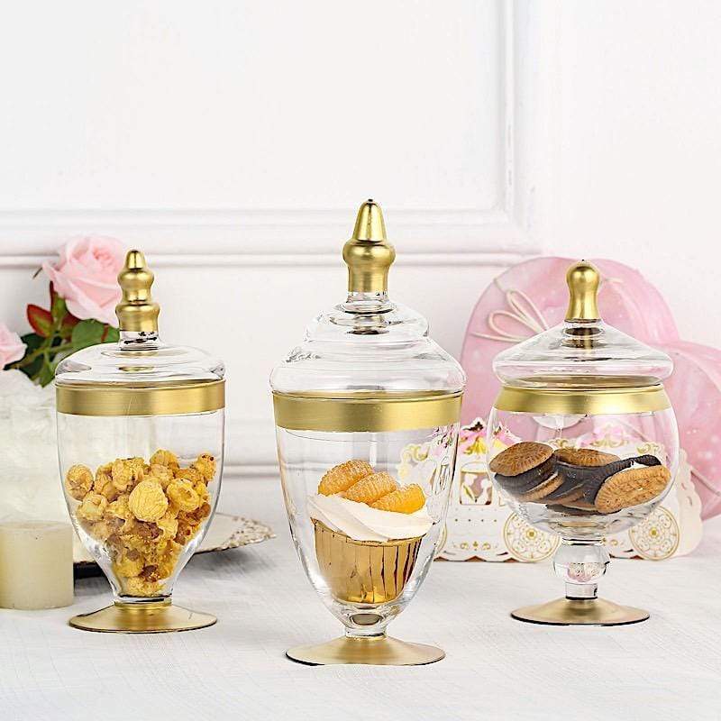 3 pcs Glass Apothecary Jars Containers with Lids - Clear with Gold Trim GLAS_JAR07_GOLD