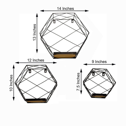 3 pcs Hexagon Metal with Wood Geometric Floating Shelves - Black WOD_HOPSHLF_HEX2_BLK