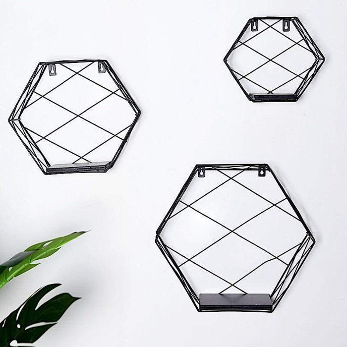 3 pcs Hexagon Metal with Wood Geometric Floating Shelves - Black WOD_HOPSHLF_HEX2_BLK