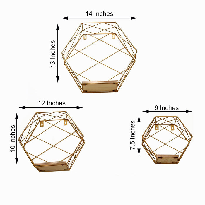 3 pcs Hexagon Metal with Wood Geometric Floating Shelves - Gold WOD_HOPSHLF_HEX2_GOLD