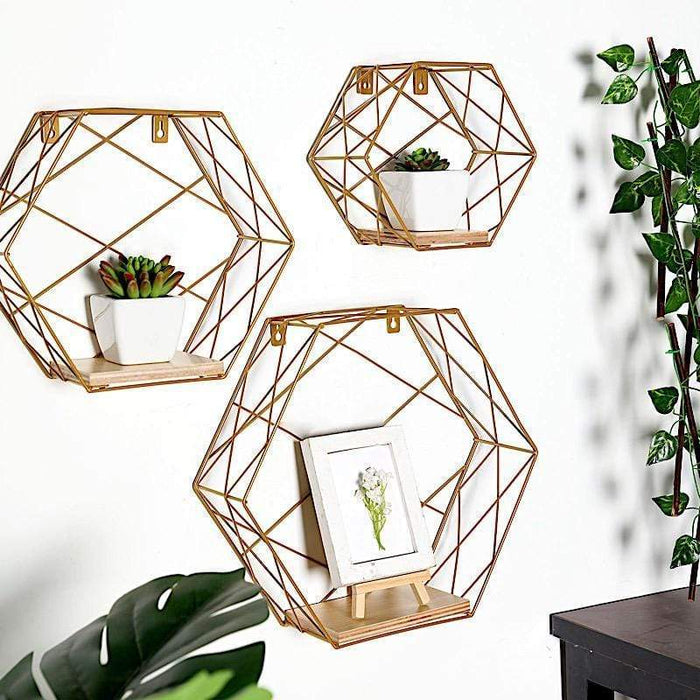 3 pcs Hexagon Metal with Wood Geometric Floating Shelves