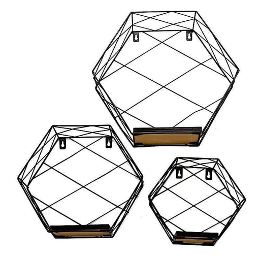 3 pcs Hexagon Metal with Wood Geometric Floating Shelves WOD_HOPSHLF_HEX2_BLK