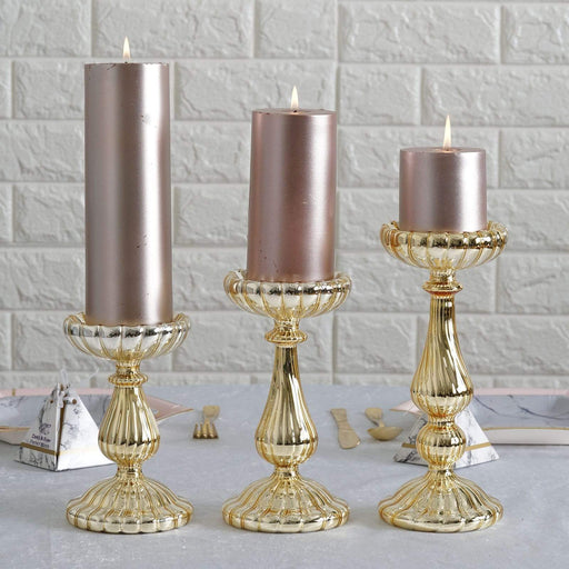 3 pcs Mercury Glass Pillar Candle Holders Wedding Centerpieces GLAS_CAN05_GOLD