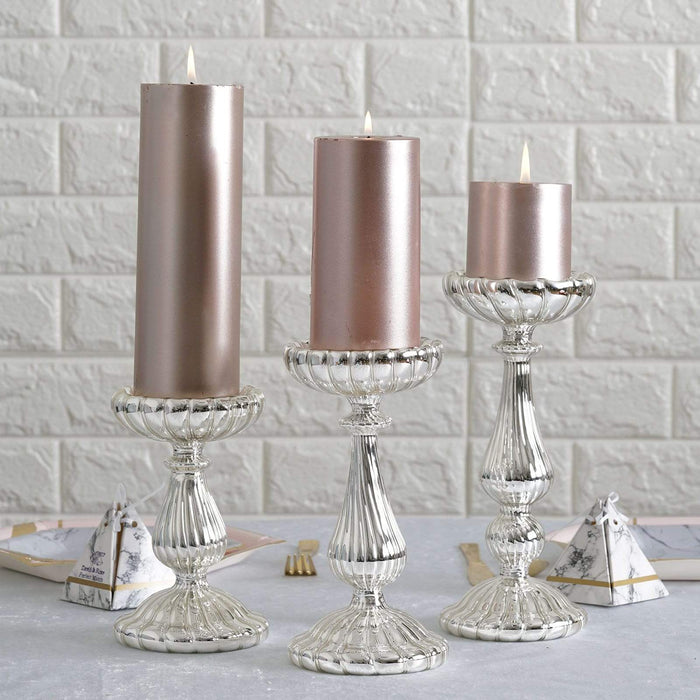 3 pcs Mercury Glass Pillar Candle Holders Wedding Centerpieces GLAS_CAN05_SILV