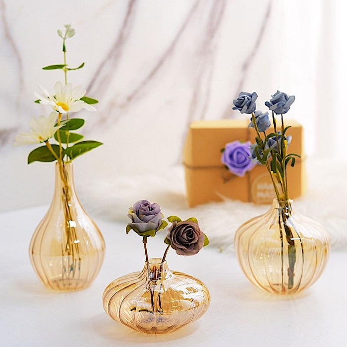 3 pcs Round Ribbed Glass Flower Vases Centerpieces - Gold VASE_RND_001_SET_GOLD