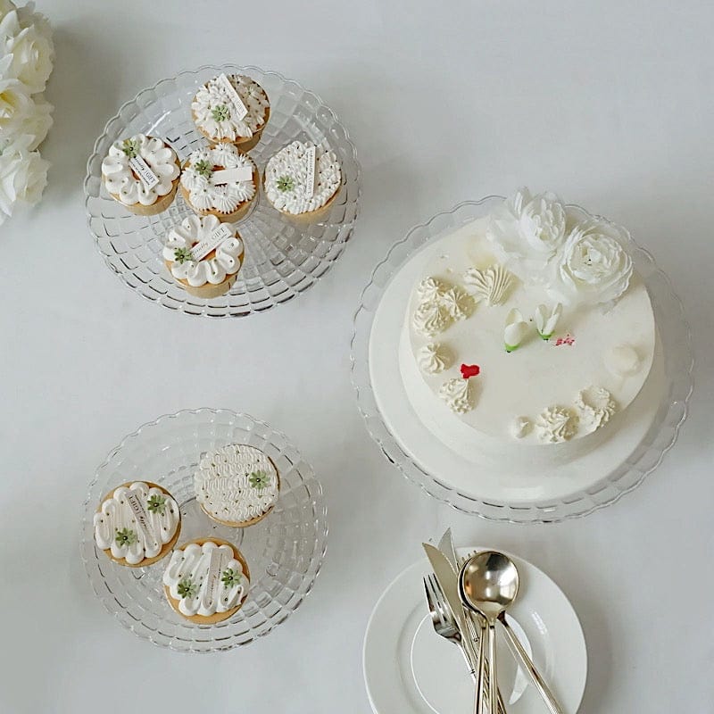 3 Plastic Stackable Dessert Pedestals Pressed Design Cupcake Display Stands Set - Clear CAKE_PLST_R009_SET_CLR