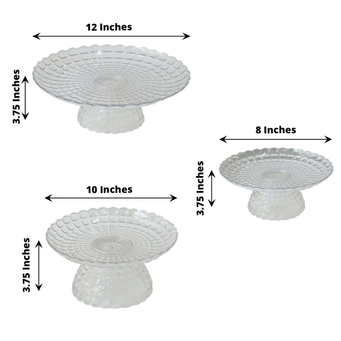 3 Plastic Stackable Dessert Pedestals Pressed Design Cupcake Display Stands Set - Clear