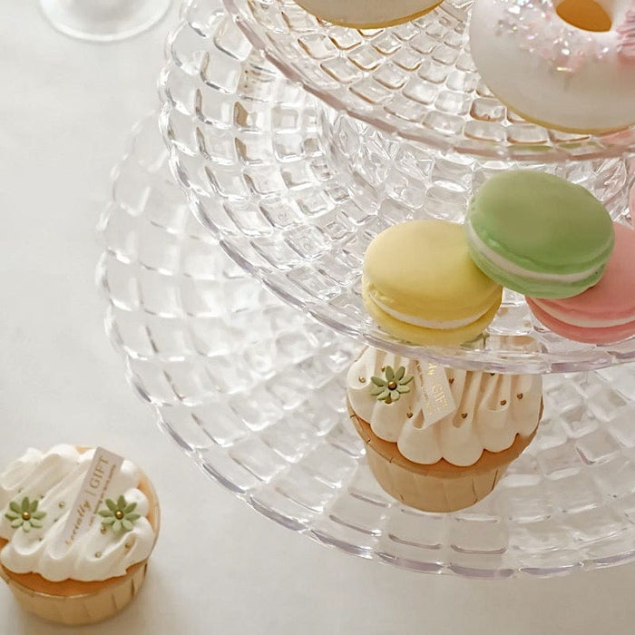 3 Plastic Stackable Dessert Pedestals Pressed Design Cupcake Display Stands Set - Clear