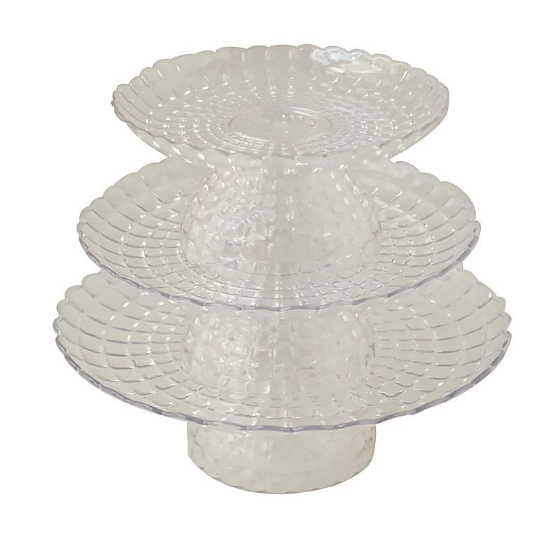 3 Plastic Stackable Dessert Pedestals Pressed Design Cupcake Display Stands Set - Clear CAKE_PLST_R009_SET_CLR