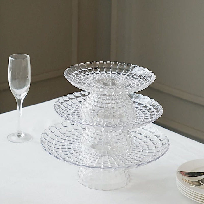 3 Plastic Stackable Dessert Pedestals Pressed Design Cupcake Display Stands Set - Clear