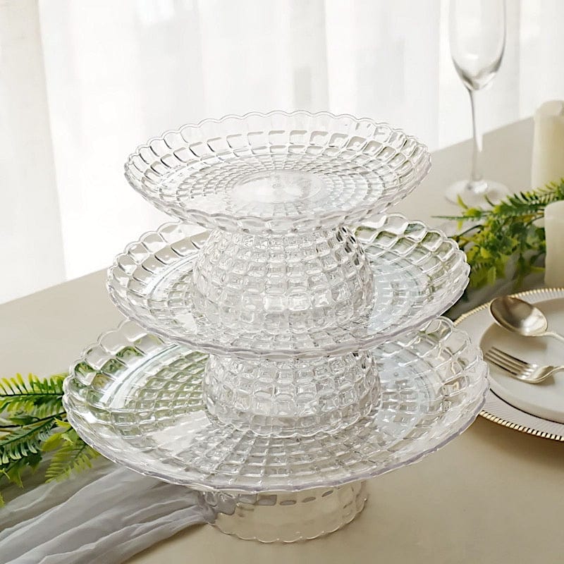3 Plastic Stackable Dessert Pedestals Pressed Design Cupcake Display Stands Set - Clear CAKE_PLST_R009_SET_CLR