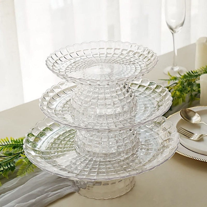 3 Plastic Stackable Dessert Pedestals Pressed Design Cupcake Display Stands Set - Clear