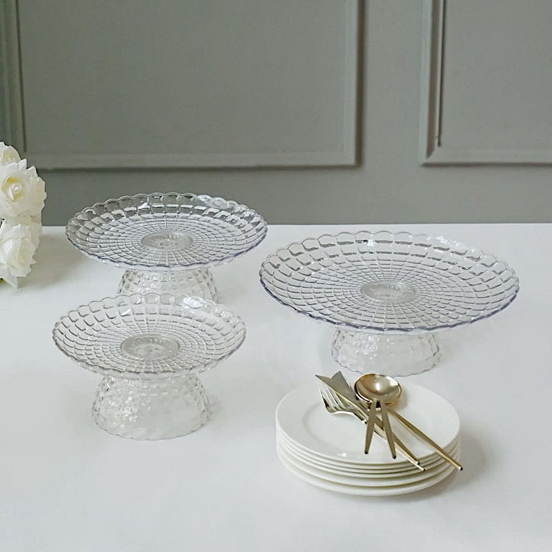 3 Plastic Stackable Dessert Pedestals Pressed Design Cupcake Display Stands Set - Clear CAKE_PLST_R009_SET_CLR