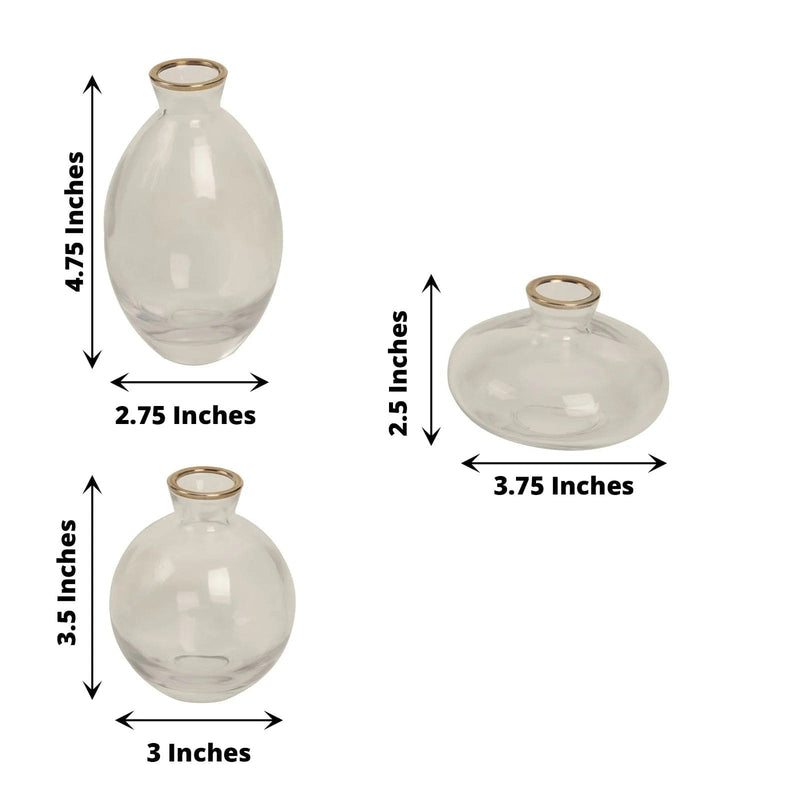 3 Small Glass Flower Vases Centerpieces with Metallic Gold Rim - Clear VASE_RND_006_SET_CLGD