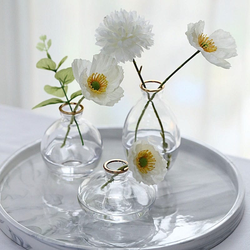 3 Small Glass Flower Vases Centerpieces with Metallic Gold Rim - Clear VASE_RND_006_SET_CLGD
