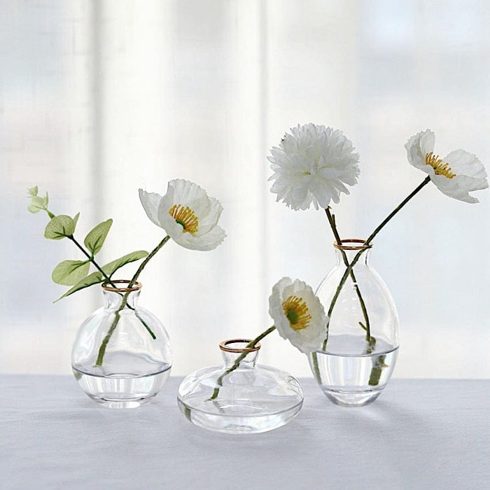 3 Small Glass Flower Vases Centerpieces with Metallic Gold Rim - Clear