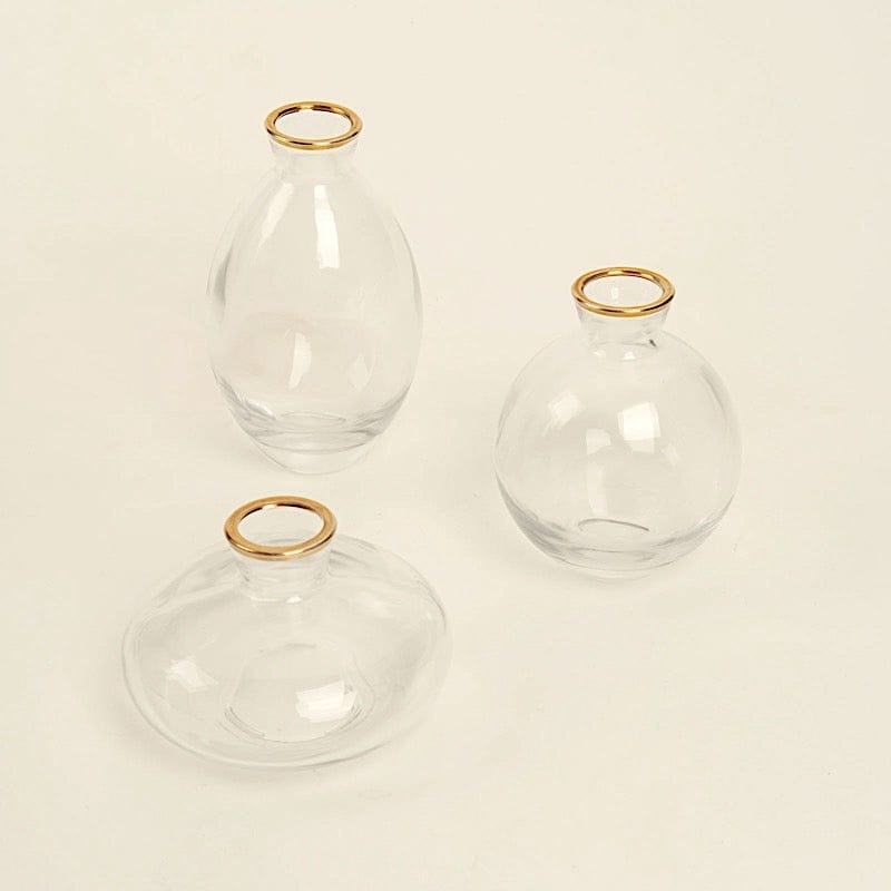3 Small Glass Flower Vases Centerpieces with Metallic Gold Rim - Clear VASE_RND_006_SET_CLGD