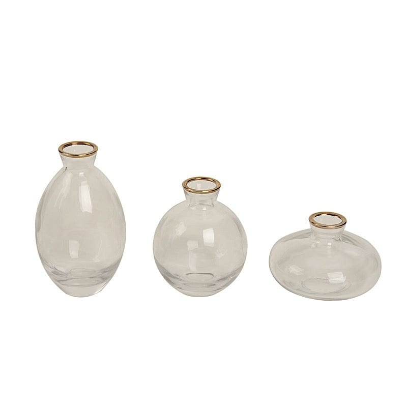 3 Small Glass Flower Vases Centerpieces with Metallic Gold Rim - Clear VASE_RND_006_SET_CLGD