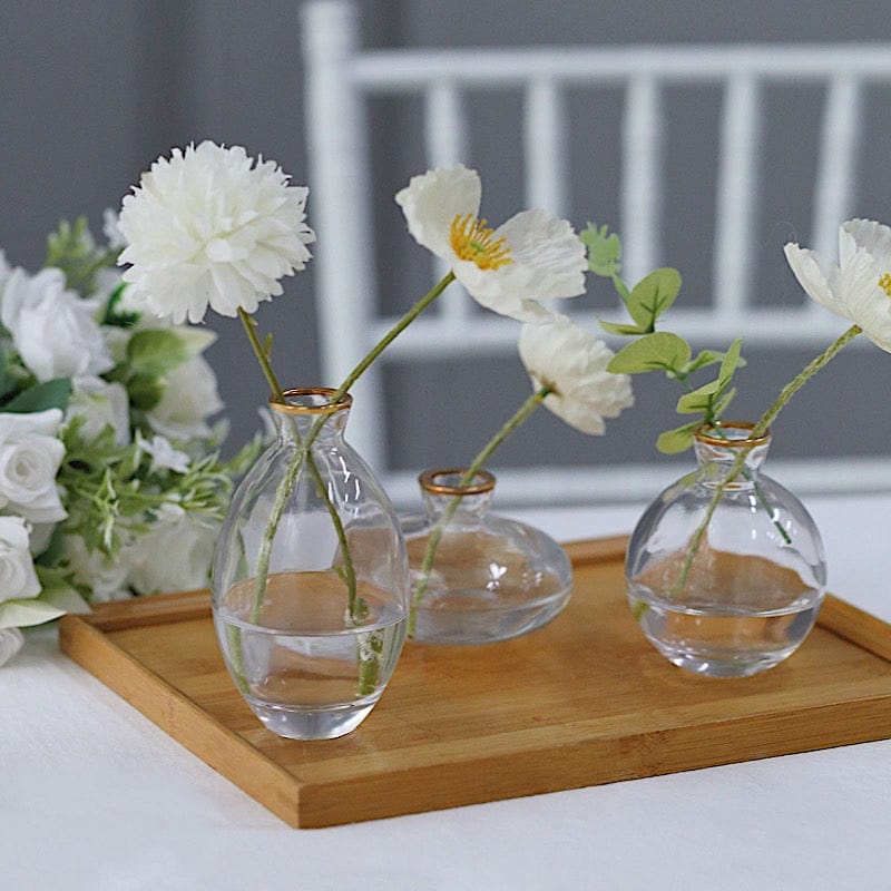 3 Small Glass Flower Vases Centerpieces with Metallic Gold Rim - Clear VASE_RND_006_SET_CLGD