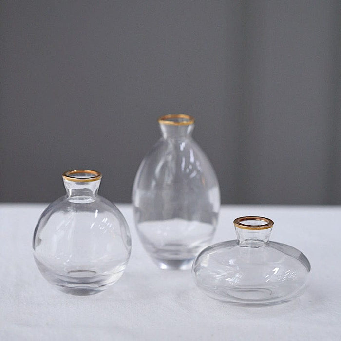 3 Small Glass Flower Vases Centerpieces with Metallic Gold Rim - Clear VASE_RND_006_SET_CLGD