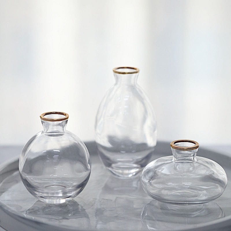 3 Small Glass Flower Vases Centerpieces with Metallic Gold Rim - Clear VASE_RND_006_SET_CLGD