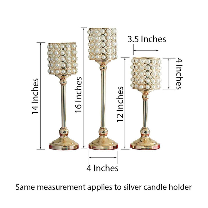 3 Tall Metal Candle Holders Wedding Centerpieces - Pearl Beaded Gold CHDLR_CAND_013_GOLD