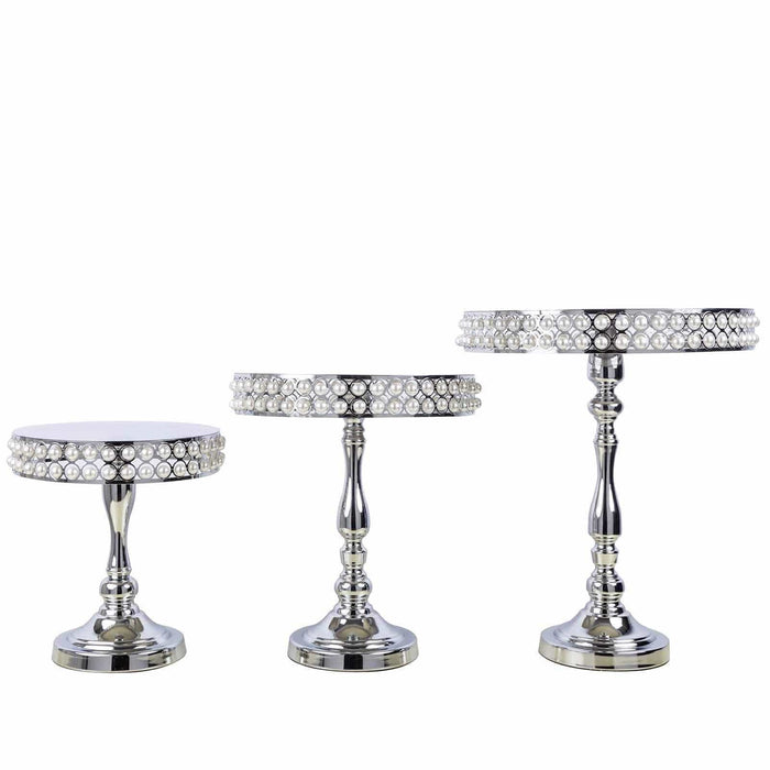 3 tall Pearl Beaded Metal Cake Stands Risers CHDLR_058_SILV