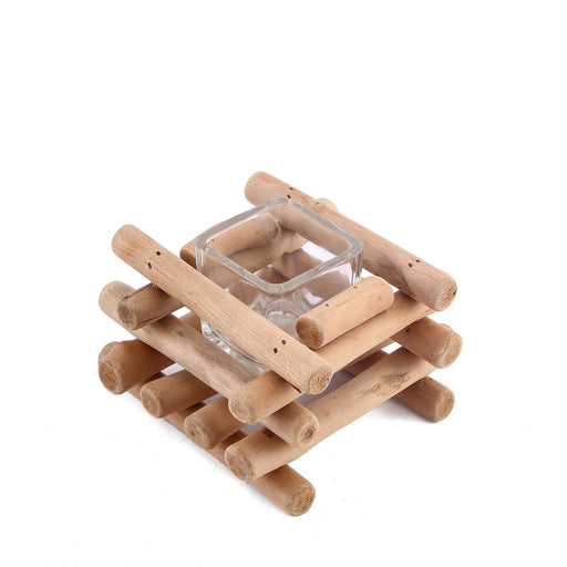 3" tall Wood Rustic Stand with Square Glass Candle Holder - Natural WOD_CAND_012_NAT