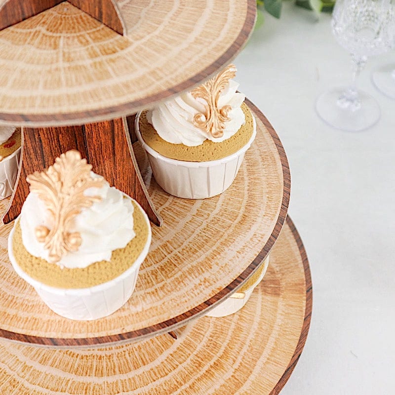 3 Tier 14" Cardboard Cupcake Stand Wooden Print Dessert Display Tower - Natural CAKE_CARB004_WOD