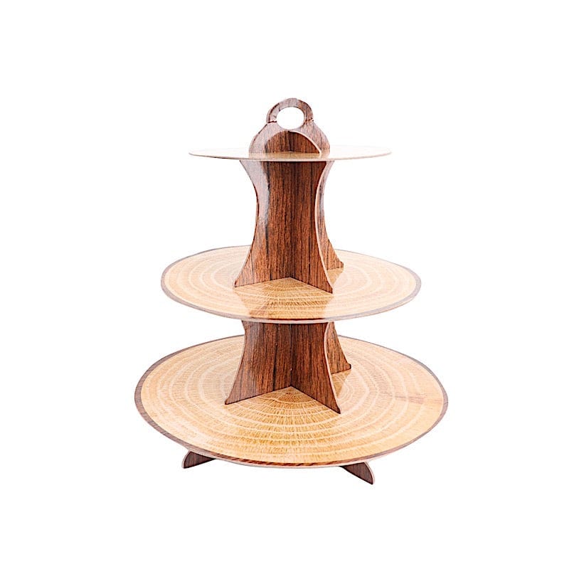 3 Tier 14" Cardboard Cupcake Stand Wooden Print Dessert Display Tower - Natural CAKE_CARB004_WOD