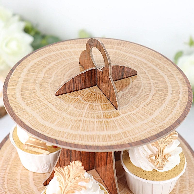 3 Tier 14" Cardboard Cupcake Stand Wooden Print Dessert Display Tower - Natural CAKE_CARB004_WOD