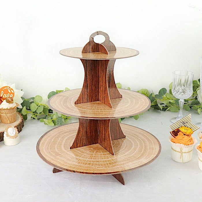 3 Tier 14" Cardboard Cupcake Stand Wooden Print Dessert Display Tower - Natural CAKE_CARB004_WOD
