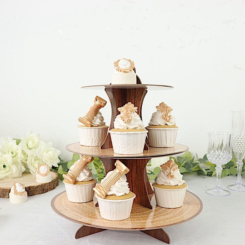 3 Tier 14" Cardboard Cupcake Stand Wooden Print Dessert Display Tower - Natural CAKE_CARB004_WOD