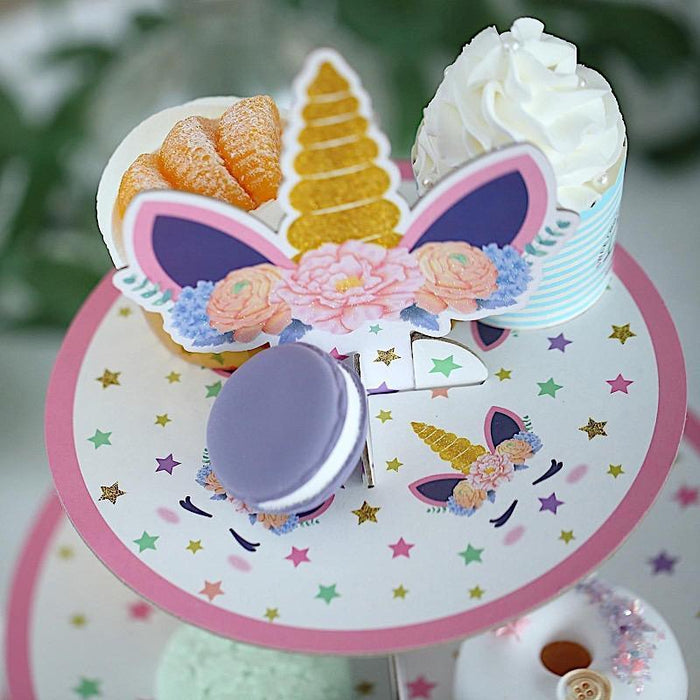 3 Tier 15" tall Cardboard Cupcake Stand Dessert Holder Set - Unicorn Top CAKE_CARB001_UNI