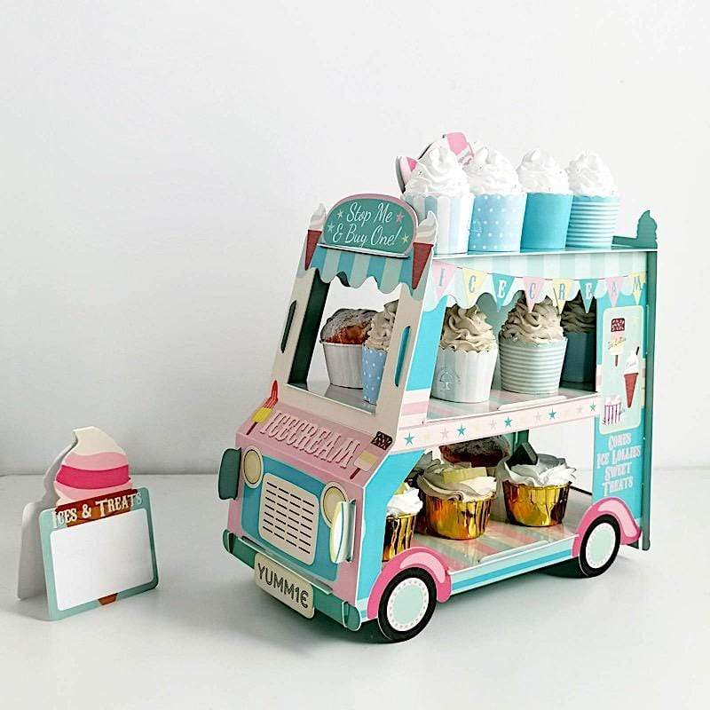 3 Tier 16" tall Cardboard Ice Cream Truck Cupcake Stand Dessert Holder - Blue and Pink CAKE_CARB007_VAN