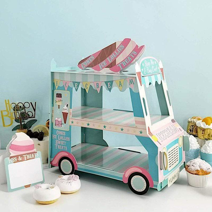3 Tier 16" tall Cardboard Ice Cream Truck Cupcake Stand Dessert Holder - Blue and Pink CAKE_CARB007_VAN