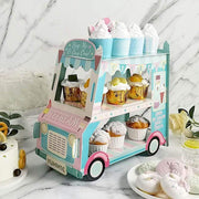 3 Tier 16" tall Cardboard Ice Cream Truck Cupcake Stand Dessert Holder - Blue and Pink CAKE_CARB007_VAN
