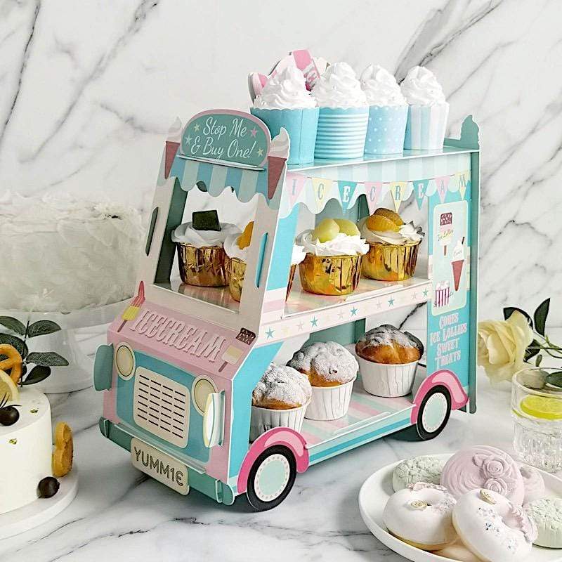 3 Tier 16" tall Cardboard Ice Cream Truck Cupcake Stand Dessert Holder - Blue and Pink CAKE_CARB007_VAN