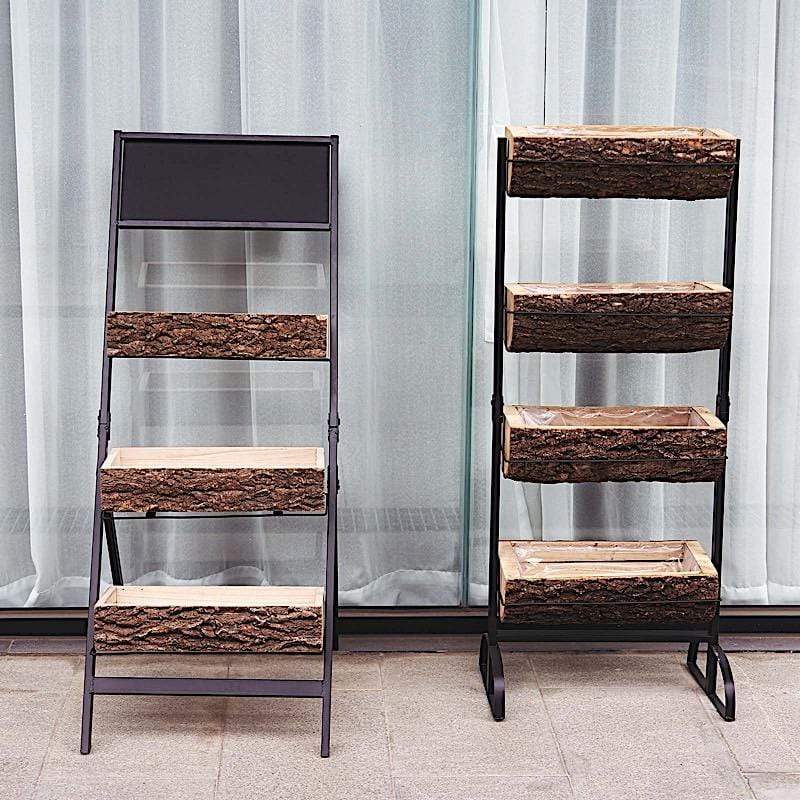 3 Tier Metal Stand with Natural Wood Planters Holders - Black and Brown FURN_WOD_RCK001