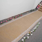 30 ft Natural Burlap Aisle Runner with Floral Lace - Light Brown and White RUNER_JUTE01_NAT_40