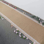 30 ft Natural Burlap Aisle Runner with Floral Lace - Light Brown and White RUNER_JUTE01_NAT_40