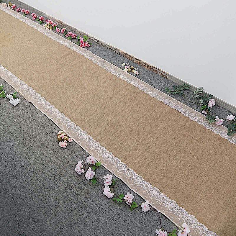 30 ft Natural Burlap Aisle Runner with Floral Lace - Light Brown and White RUNER_JUTE01_NAT_40