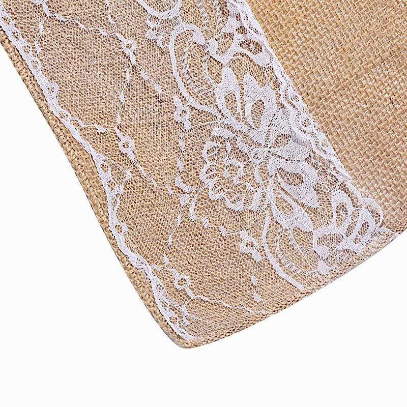 30 ft Natural Burlap Aisle Runner with Floral Lace - Light Brown and White RUNER_JUTE01_NAT_40