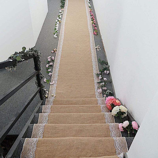 30 ft Natural Burlap Aisle Runner with Floral Lace - Light Brown and White RUNER_JUTE01_NAT_40