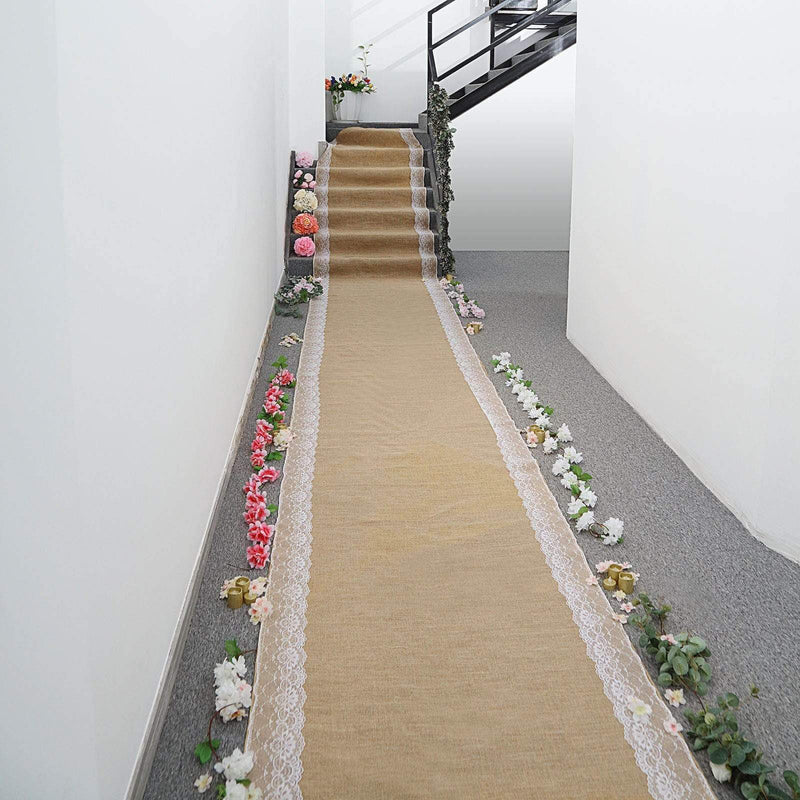 30 ft Natural Burlap Aisle Runner with Floral Lace - Light Brown and White RUNER_JUTE01_NAT_40